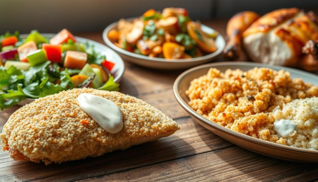 A beautifully lit, close-up photograph of a selection of quick and easy gluten-free chicken dishes on a rustic wooden table. In the foreground, a tender chicken breast coated in a light, golden-brown breading, accompanied by a vibrant salad of mixed greens and a dollop of creamy, dairy-free sauce. In the middle ground, a fragrant stir-fry of juicy chicken, colorful vegetables, and aromatic herbs. In the background, a roasted chicken quarter with crispy skin, served alongside a fluffy, gluten-free grain and a drizzle of flavorful sauce. The lighting is soft and natural, highlighting the textures and colors of the dishes.