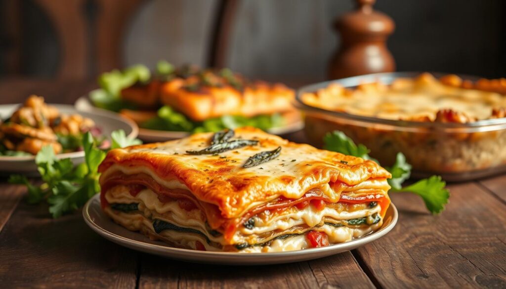 A bountiful spread of delectable gluten-free main dishes, bathed in warm, golden light and artfully arranged on a rustic wooden table. In the foreground, a hearty vegetarian lasagna with layers of roasted vegetables, creamy béchamel, and a golden-brown cheese topping. Behind it, a fragrant herb-crusted salmon fillet rests atop a bed of vibrant green salad. In the background, a comforting chicken and quinoa casserole, its edges crisp and golden. The scene exudes a sense of wholesome, nourishing abundance, inviting the viewer to savor each mouth-watering dish.
