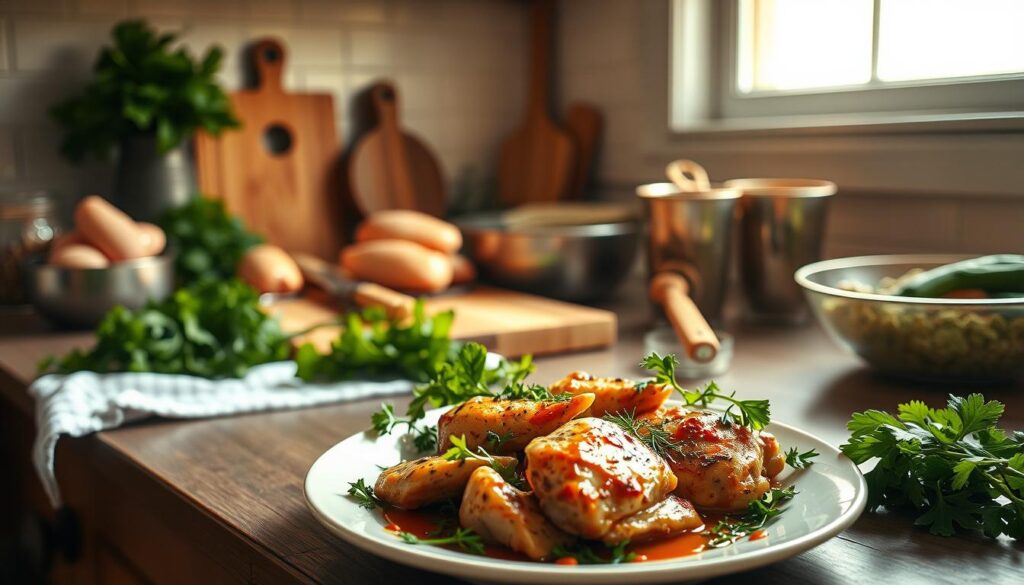 A cozy kitchen counter filled with a variety of gluten-free ingredients and cooking tools, including a cutting board, fresh herbs, and a bowl of chicken breasts. Warm, natural lighting from a nearby window illuminates the scene, casting a soft, inviting glow. In the foreground, a steaming plate of perfectly cooked, aromatic gluten-free chicken dish, garnished with vibrant greens and a drizzle of sauce. The background features a clean, minimalist design with subtle textures, emphasizing the simplicity and health-conscious nature of gluten-free cooking. The overall atmosphere conveys a sense of culinary expertise, creativity, and a dedication to dietary-conscious meal preparation.