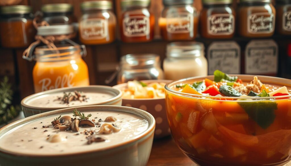 A delectable array of gluten-free soups set against a warm, rustic backdrop. In the foreground, a creamy mushroom soup garnished with fresh thyme and a sprinkle of black pepper, its inviting aroma wafting through the air. To the side, a hearty chicken noodle soup with tender shredded chicken and gluten-free noodles, steam rising from the bowl. In the middle ground, a vibrant vegetable soup brimming with colorful produce, like carrots, zucchini, and tomatoes, its rich broth glistening. In the background, shelves lined with jars of homemade stocks and broths, the labels handwritten in a vintage-inspired script. Soft, natural lighting casts a warm glow over the scene, creating a cozy, comforting atmosphere. The overall impression is one of nourishing, gluten-free goodness, perfect for a healthy, satisfying meal.