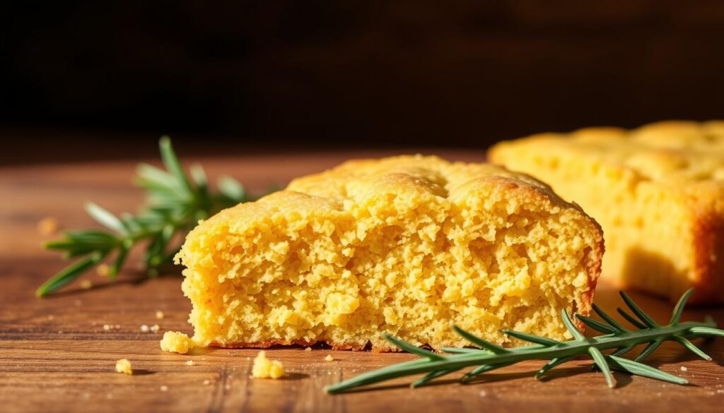 A mouth-watering slice of freshly baked, crumbly and golden-hued gluten-free cornbread, with a delicate yet satisfying texture. The cornbread is placed on a rustic wooden surface, against a backdrop of soft, natural lighting that casts warm shadows, highlighting its homemade appeal. Scattered around the cornbread are a few sprigs of fresh rosemary, adding a subtle herbal aroma and a touch of earthy elegance. The image conveys a sense of wholesome, healthful indulgence, perfectly capturing the essence of the "Healthy Gluten-Free Cornbread Adaptations" section.
