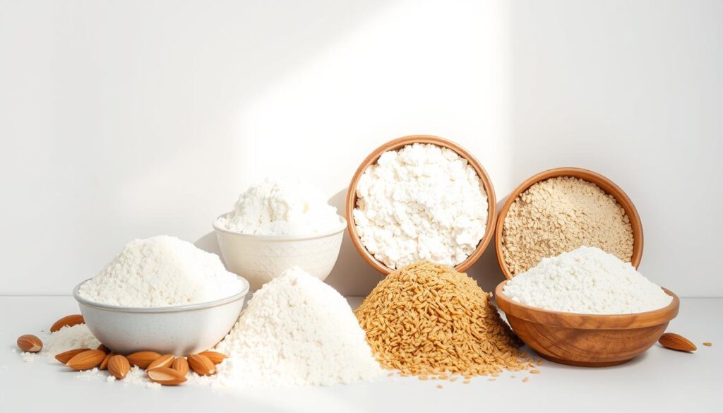 A neatly arranged composition showcasing an assortment of gluten-free flour alternatives, including almond flour, coconut flour, rice flour, and buckwheat flour. The flours are presented in small bowls or piles against a clean, bright background, allowing their unique textures and colors to be the focal point. Soft, natural lighting from the side gently illuminates the scene, creating subtle shadows and highlights that accentuate the visual appeal of the ingredients. The overall mood is one of simplicity, elegance, and a sense of culinary exploration, inviting the viewer to imagine the versatile applications of these alternative flours in delicious gluten-free recipes.