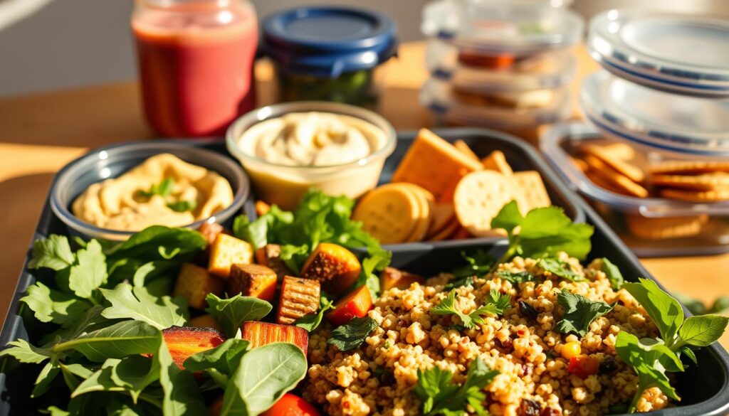 A neatly arranged lunch prep tray showcasing an assortment of gluten-free dishes. In the foreground, a bed of leafy greens, roasted vegetables, and a quinoa salad with fresh herbs. In the middle ground, a small container of hummus and crisp gluten-free crackers. In the background, a glass jar filled with a vibrant smoothie and a stack of reusable containers. Warm, natural lighting illuminates the scene, casting soft shadows and highlighting the vibrant colors of the food. The overall composition conveys a sense of healthy, balanced, and organized meal preparation, perfect for a gluten-free lifestyle.