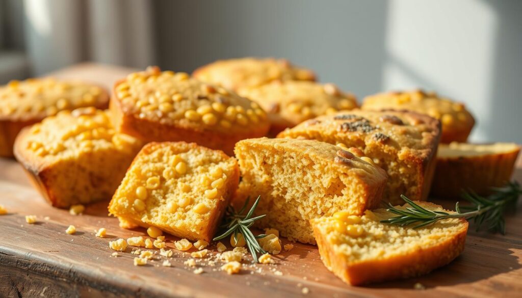 A rustic, artfully arranged assortment of golden-crusted gluten-free cornbread variations sits atop a wooden surface, illuminated by natural side lighting that casts warm shadows. In the foreground, slices of moist cornbread, some studded with kernels of corn, others infused with the nutty aroma of honey or sprinkled with fragrant herbs. In the middle ground, a scattering of cornbread crumbs and fresh sprigs of rosemary or thyme, hinting at the homemade, handcrafted nature of these delectable treats. The background is softly blurred, allowing the focus to remain on the inviting, tempting display of gluten-free cornbread options, each one a unique and delicious interpretation of this classic comfort food.