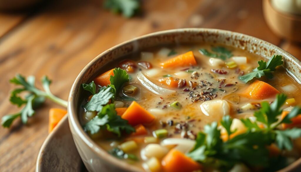 A steaming bowl of hearty vegetable gluten-free soup, showcased in a softly-lit, close-up shot. In the foreground, a medley of vibrant, freshly-chopped carrots, celery, onions, and a variety of leafy greens mingle together, creating a visually appealing and nutrient-dense composition. The middle ground features the rich, creamy broth, infused with aromatic herbs and spices, emanating a comforting, homemade aroma. In the background, a wooden table or rustic surface provides a warm, natural backdrop, enhancing the homey, wholesome atmosphere of the scene. The image conveys a sense of nourishment, wellness, and the hearty, satisfying nature of this gluten-free vegetable soup.