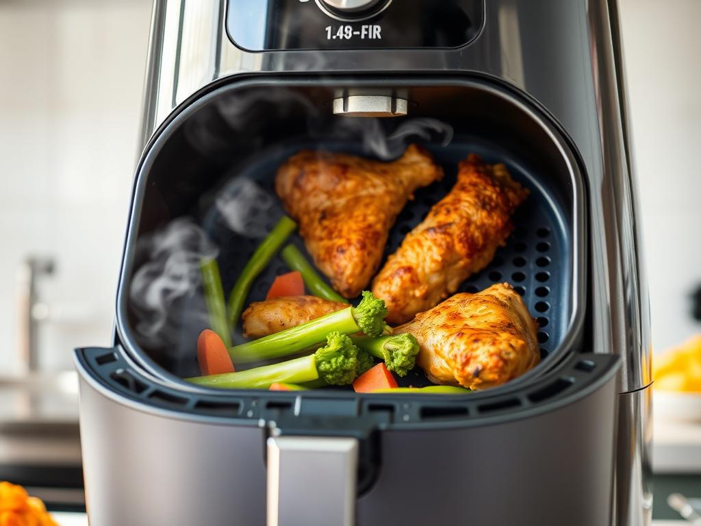Air fryer cooking crispy vegetables and chicken with minimal oil, showcasing what's cooking today in healthy meal preparation