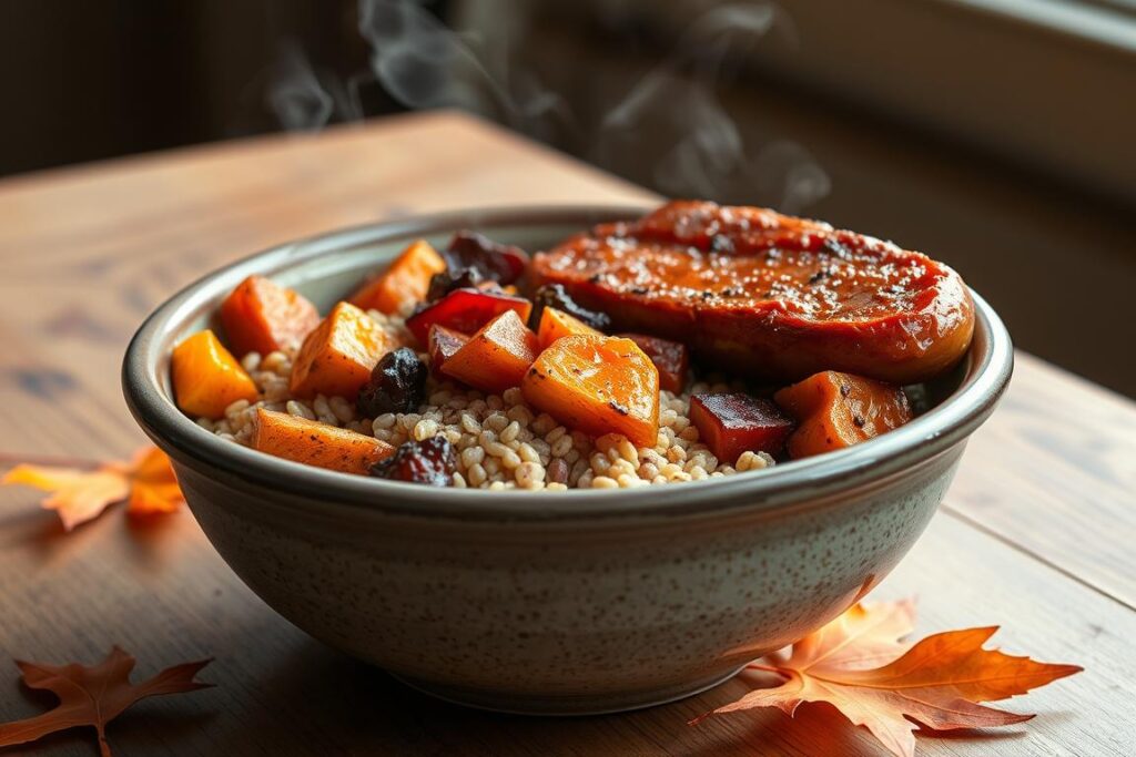 Autumn harvest bowl with roasted root vegetables, grains, and maple-glazed protein showing what's cooking today for fall comfort food