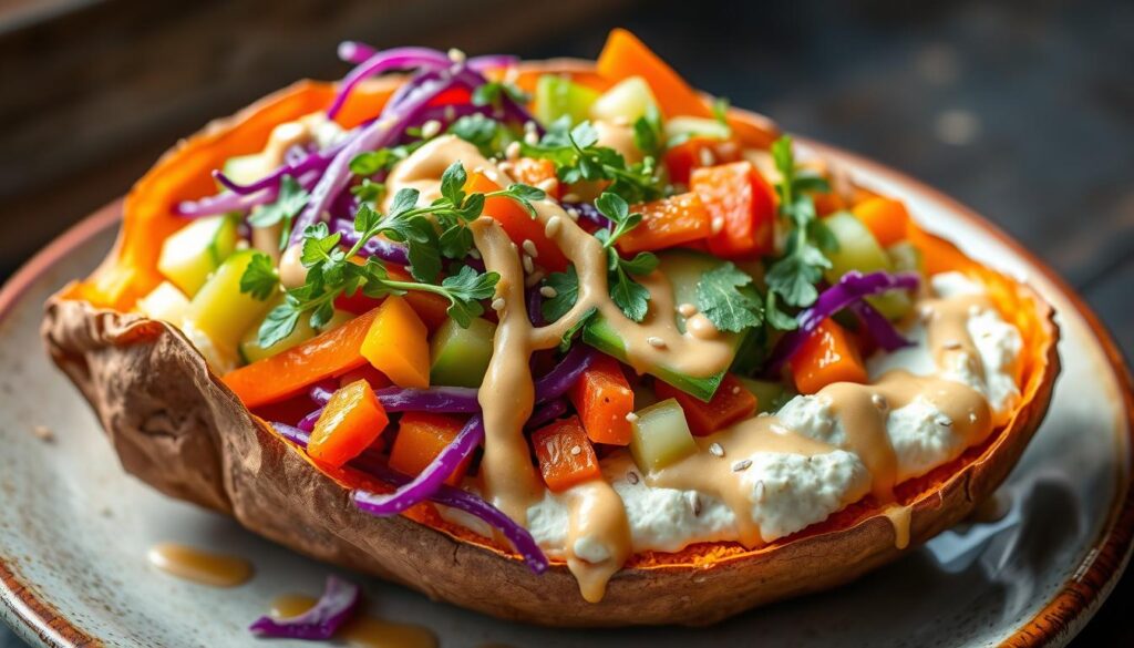 Baked sweet potato stuffed with hummus and colorful vegetables