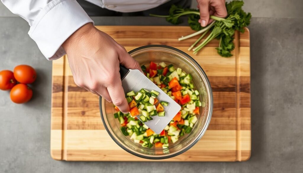 Bench scraper being used to transfer chopped vegetables - top 10 cooking equipment Bench scraper being used to transfer chopped vegetables - top 10 cooking equipment