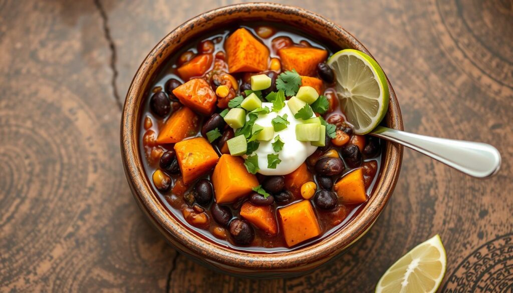 Bowl of black bean and sweet potato chili topped with avocado and cilantro