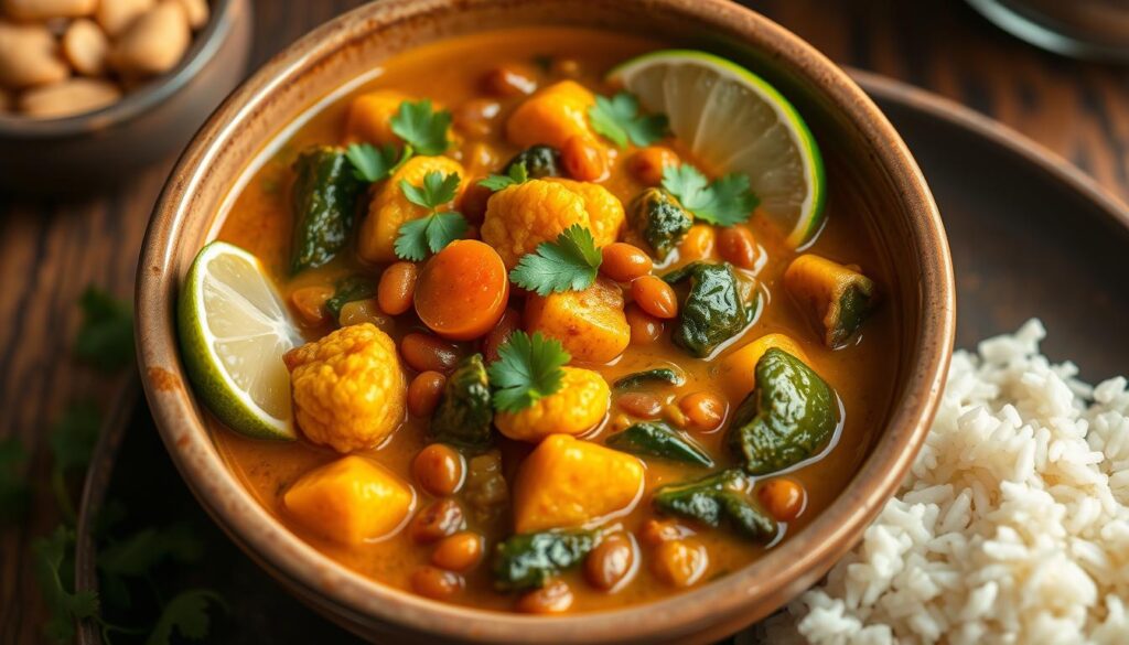 Bowl of colorful lentil and vegetable curry with rice