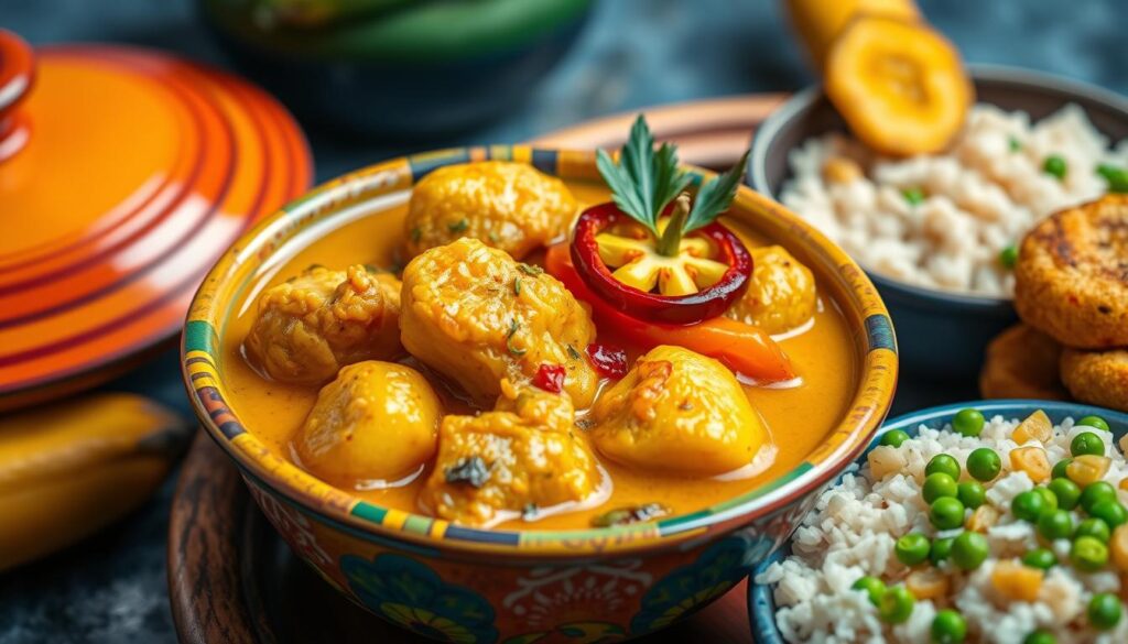 Caribbean Colombo curry with chicken and vegetables in a colorful bowl