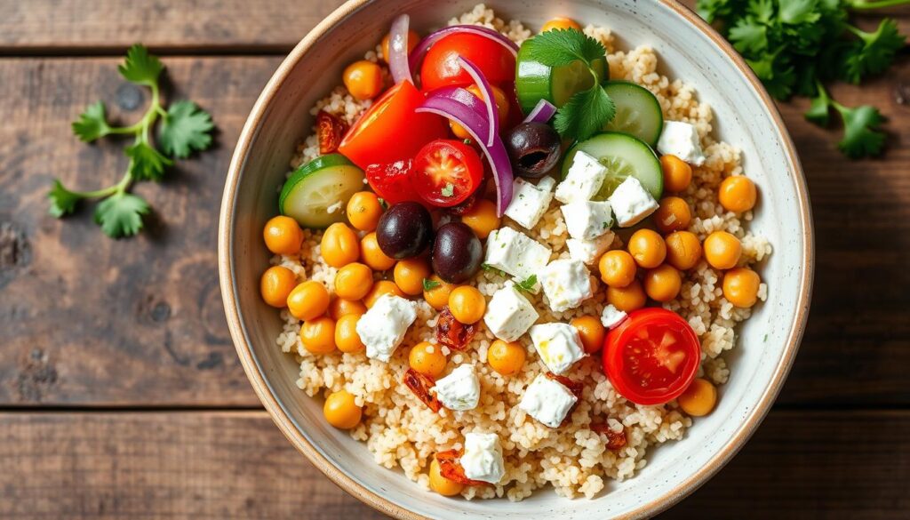 Colorful Mediterranean quinoa bowl with chickpeas, vegetables, and feta cheese