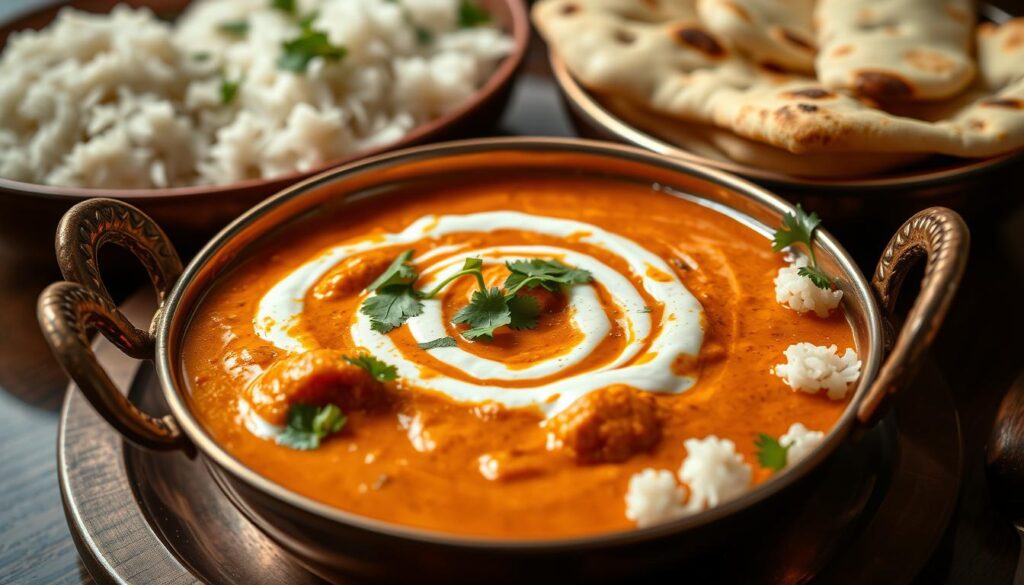 Creamy Indian butter chicken curry served with naan bread and rice