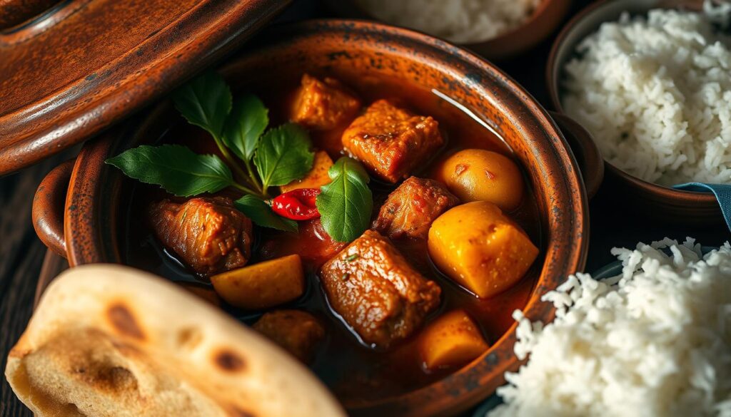 Fiery red Goan vindaloo curry with pork and potatoes