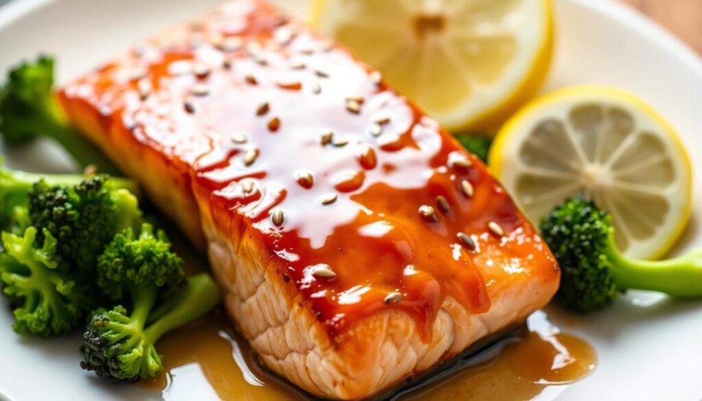 Ginger glazed salmon fillet with steamed broccoli on a white plate