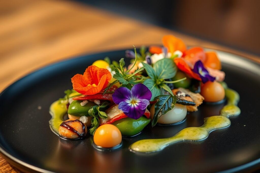 Gourmet plant-based dish with innovative techniques and presentations showing what's cooking today in vegetable-forward cuisine