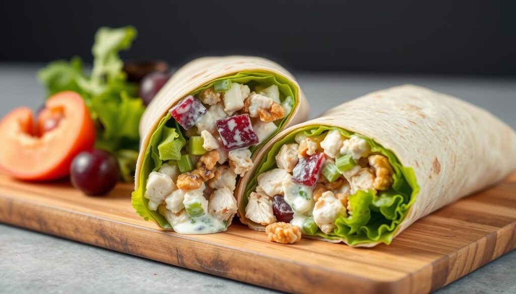 Greek yogurt chicken salad in a whole grain wrap with lettuce
