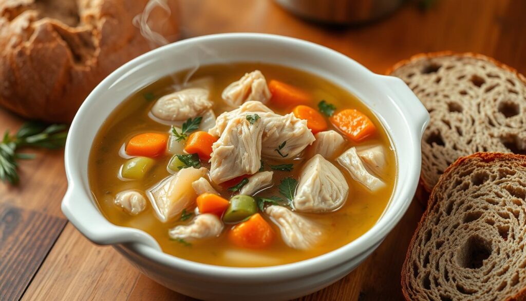Hearty slow cooker chicken and vegetable soup in a white bowl