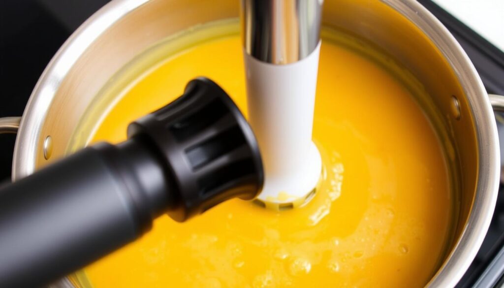 Immersion blender being used in a pot of soup - top 10 cooking equipment Immersion blender being used in a pot of soup - top 10 cooking equipment
