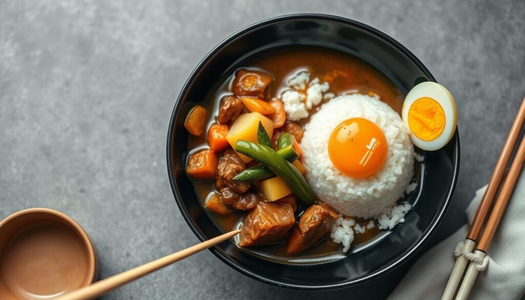 Japanese curry rice with carrots, potatoes and meat served with pickles
