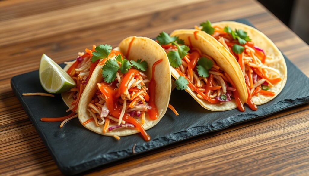 Korean-Mexican fusion tacos with gochujang sauce and kimchi slaw representing what's cooking today in fusion cuisine