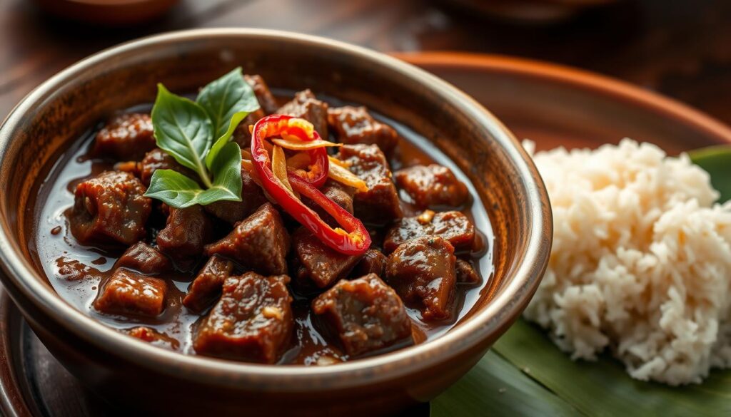 Malaysian beef rendang with its dark, rich sauce and tender beef chunks
