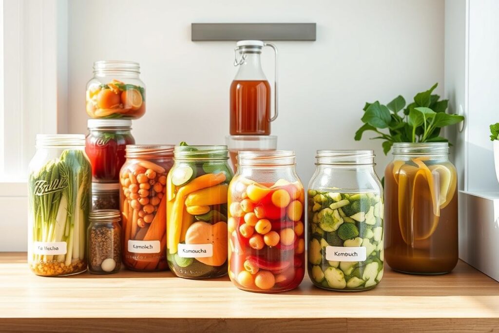 Modern home fermentation setup with various vegetables and kombucha brewing, showing what's cooking today in fermentation trends