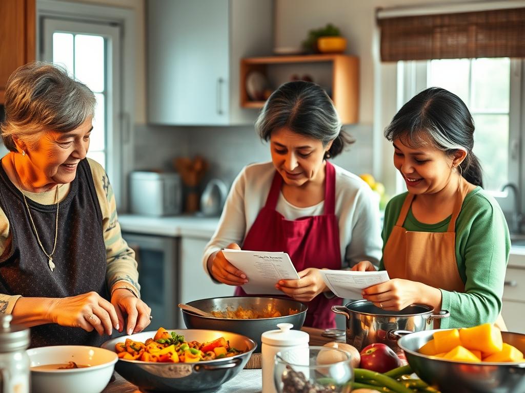 Multi-generational family cooking traditional recipes together, representing what's cooking today in heritage cuisine preservation