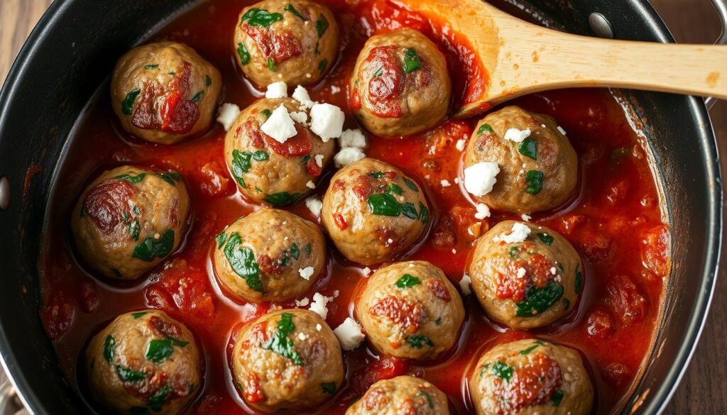 One-pot spinach and feta turkey meatballs in tomato sauce