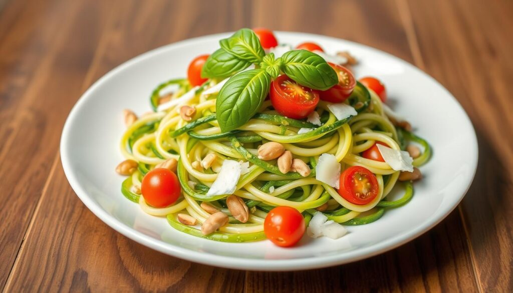 Plate of zucchini noodles with basil pesto, cherry tomatoes, and pine nuts