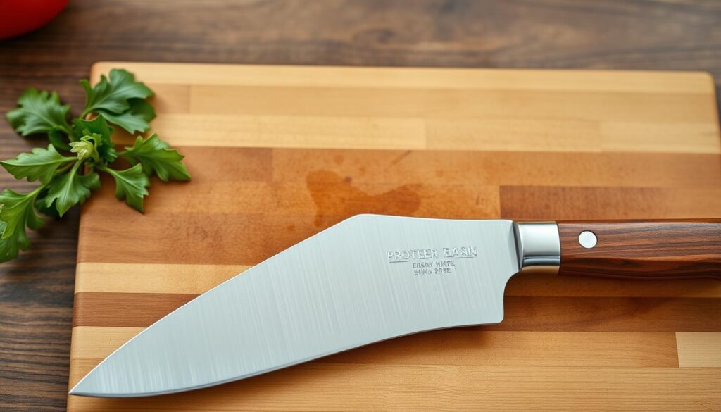 Professional chef's knife with wooden handle on cutting board - top 10 cooking equipment