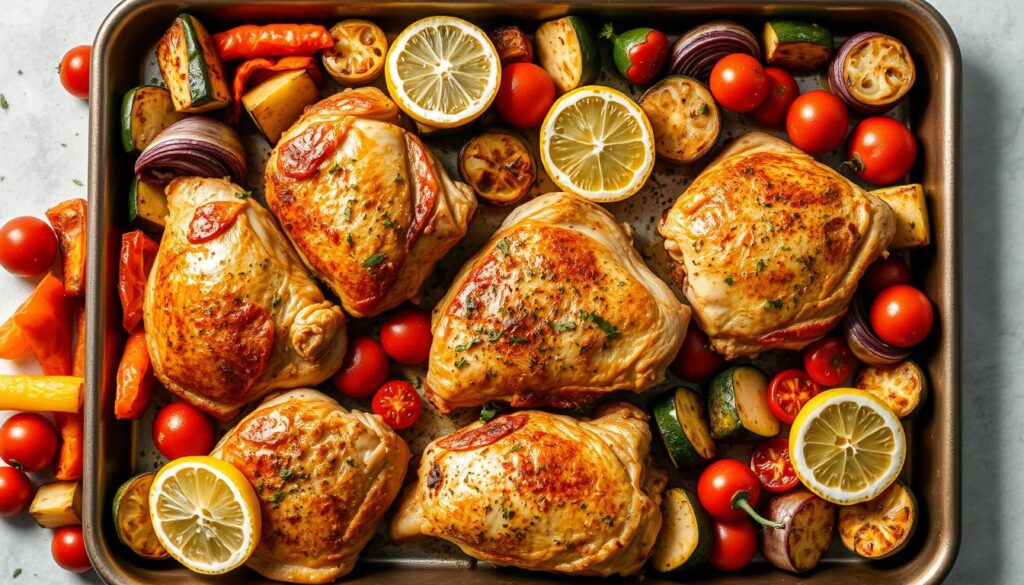 Sheet pan with roasted lemon herb chicken and colorful vegetables