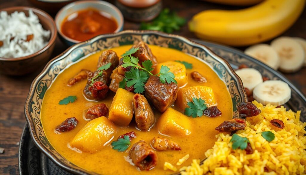 South African Cape Malay curry with its distinctive yellow color and fruit accompaniments