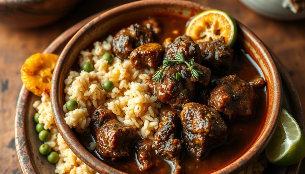 Spicy Jamaican curry goat served with rice and peas in traditional style