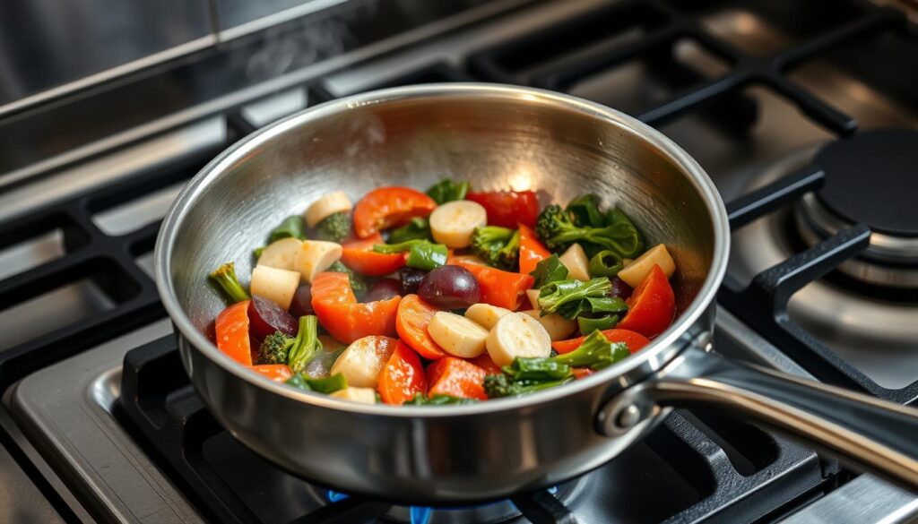 Stainless steel skillet with food being cooked - top 10 cooking equipment Stainless steel skillet with food being cooked - top 10 cooking equipment