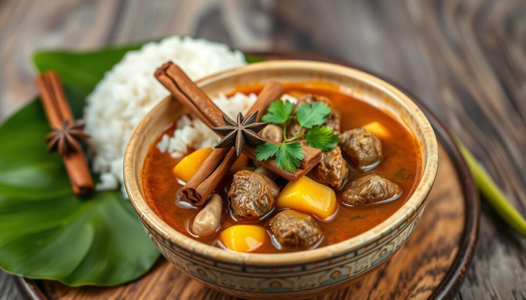 Thai Massaman curry with potatoes, peanuts and tender beef chunks