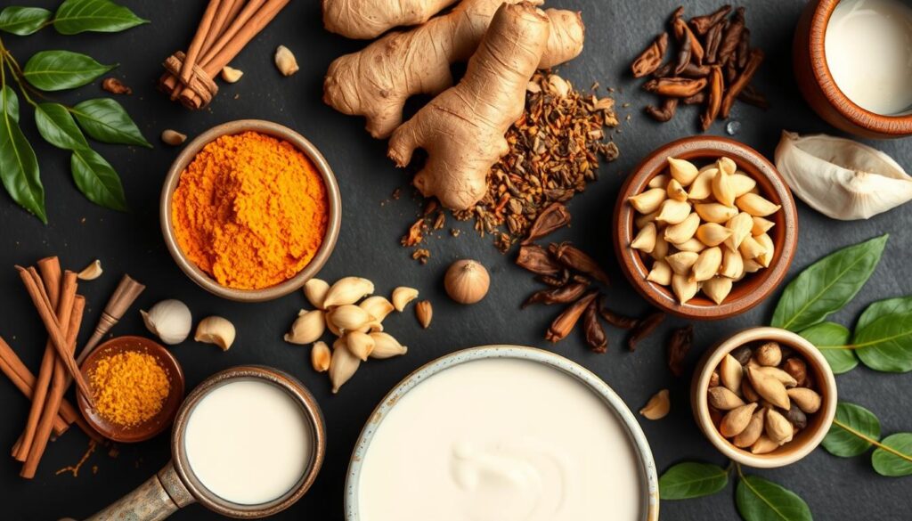 Various curry spices and ingredients with health benefits highlighted