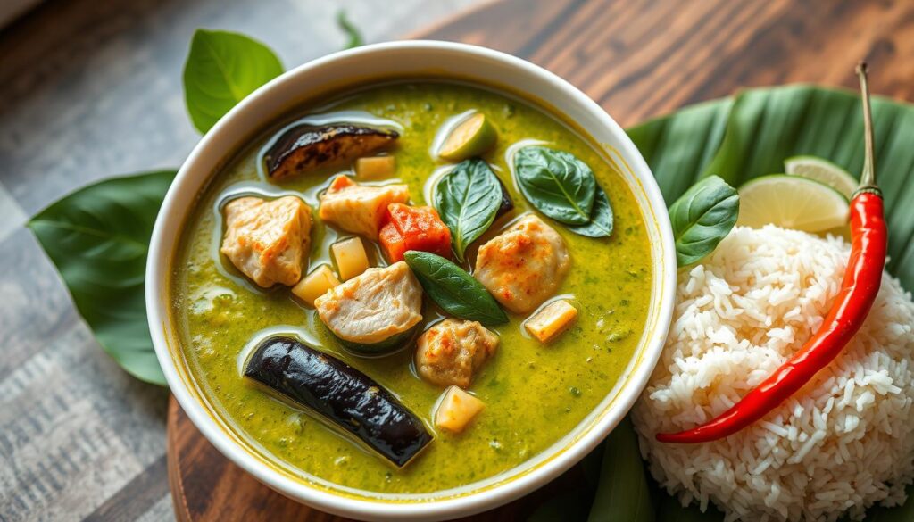 Vibrant Thai green curry with vegetables and chicken in a bowl with rice