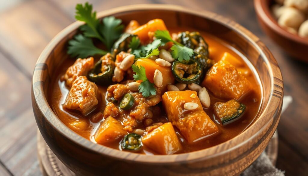 West African groundnut stew with chicken and sweet potatoes in a bowl