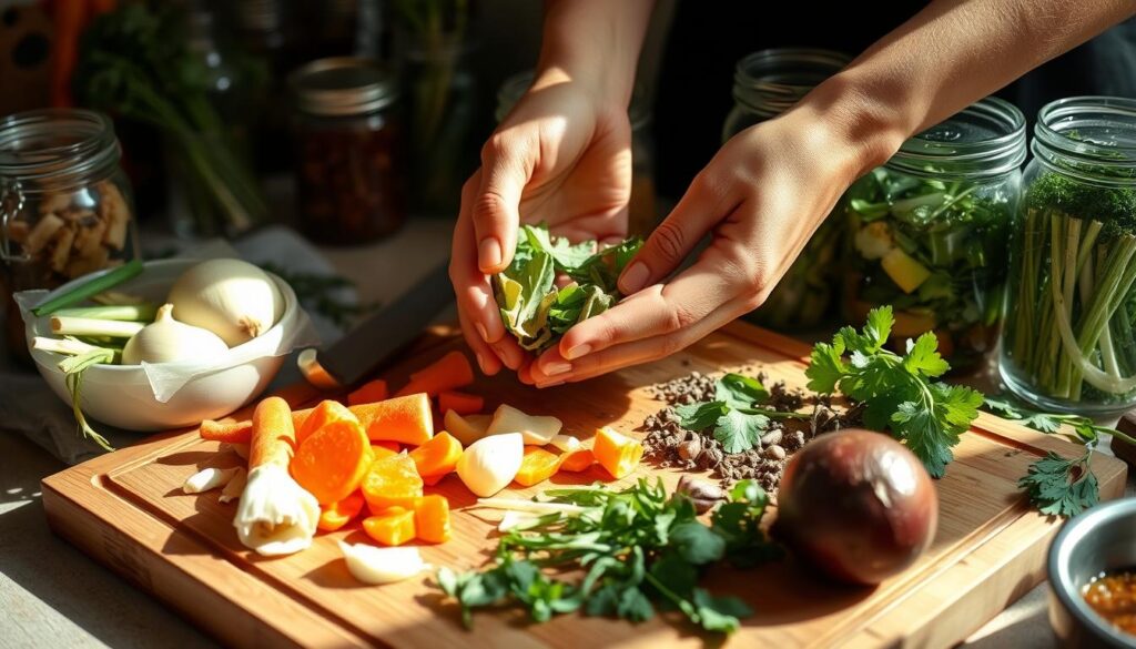 Zero-waste cooking demonstration using vegetable scraps to create flavorful stock, representing what's cooking today in sustainable kitchen practices