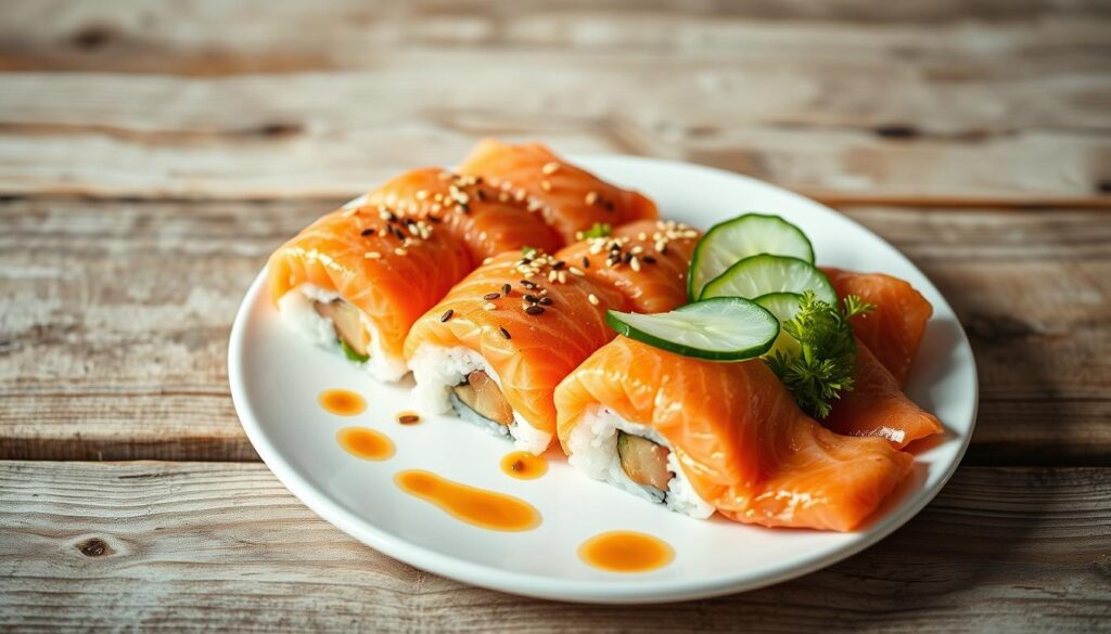 A beautifully presented cooked salmon sushi arrangement on a rustic wooden table. The salmon fillets are delicately sliced, arranged in a visually appealing manner, and garnished with thinly sliced cucumber, sesame seeds, and a drizzle of soy sauce. The plate is set against a minimalist background, allowing the vibrant colors and textures of the sushi to take center stage. Soft, natural lighting illuminates the scene, creating a warm and inviting atmosphere. The composition is balanced, with the salmon pieces positioned to guide the viewer's eye through the frame. This visually striking sushi presentation will inspire readers to serve their own cooked salmon sushi with flair and elegance.