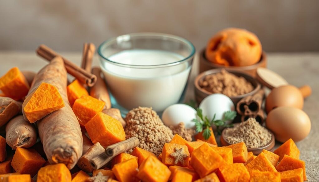 A bountiful still life arrangement showcases the essential ingredients for a delectable sweet potato casserole. In the foreground, a selection of fresh sweet potatoes, their warm orange hues and irregular shapes filling the frame. Surrounding them, a collection of spices and seasonings - cinnamon sticks, brown sugar, a dusting of nutmeg, and a splash of maple syrup. In the middle ground, a glass bowl of heavy cream and a few farm-fresh eggs, ready to lend their creamy richness. The background gently fades to a soft, muted tone, allowing the vibrant colors and textures of the ingredients to take center stage. The overall mood is one of rustic elegance, capturing the cozy and comforting essence of this classic holiday dish.