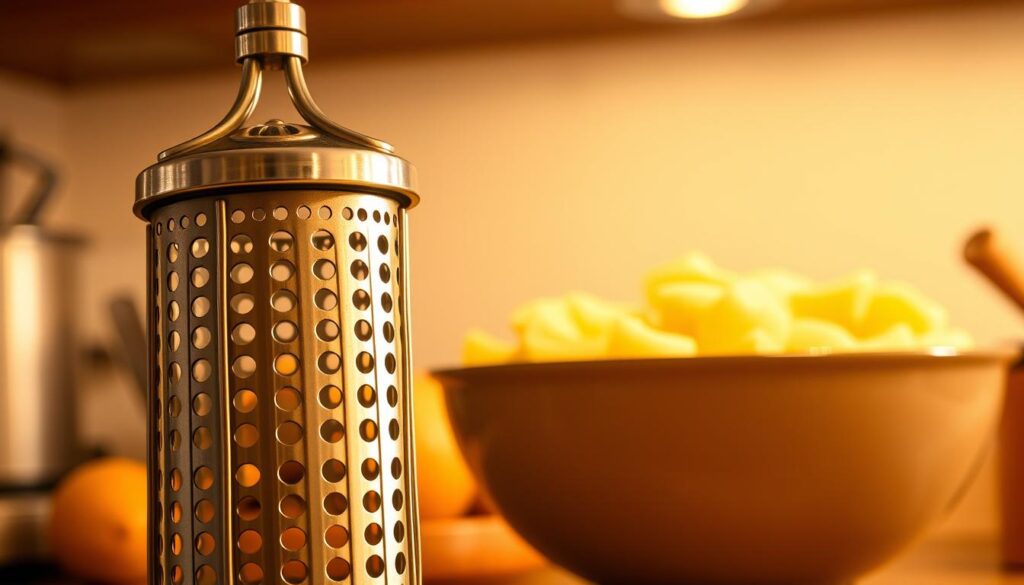 A classic, sturdy potato masher standing prominently in the foreground, its metallic tines catching the warm, ambient light of the kitchen. The masher's curved handle and perforated head are rendered in intricate detail, conveying its functional design and utility. In the middle ground, a large bowl of freshly boiled potatoes awaits the masher's touch, anticipating the smooth, creamy mash to come. The background is softly blurred, suggesting a cozy, well-equipped kitchen, ready to transform simple potatoes into a comforting, homestyle dish.
