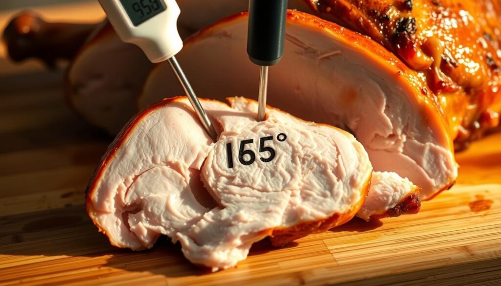 A close-up, beautifully lit photograph of a juicy roast turkey breast, precisely sliced to reveal its tender, moist interior. The slice is placed on a wooden cutting board, illuminated by warm, natural lighting that casts gentle shadows and highlights the even, golden-brown skin. The temperature probe inserted into the center of the breast displays the ideal serving temperature, around 165°F, ensuring the meat is cooked through yet still deliciously juicy. The composition emphasizes the importance of monitoring the internal temperature to achieve the perfect turkey doneness, as described in the "Temperatures, doneness, and carving for juicy breast and tender legs" section of the article.