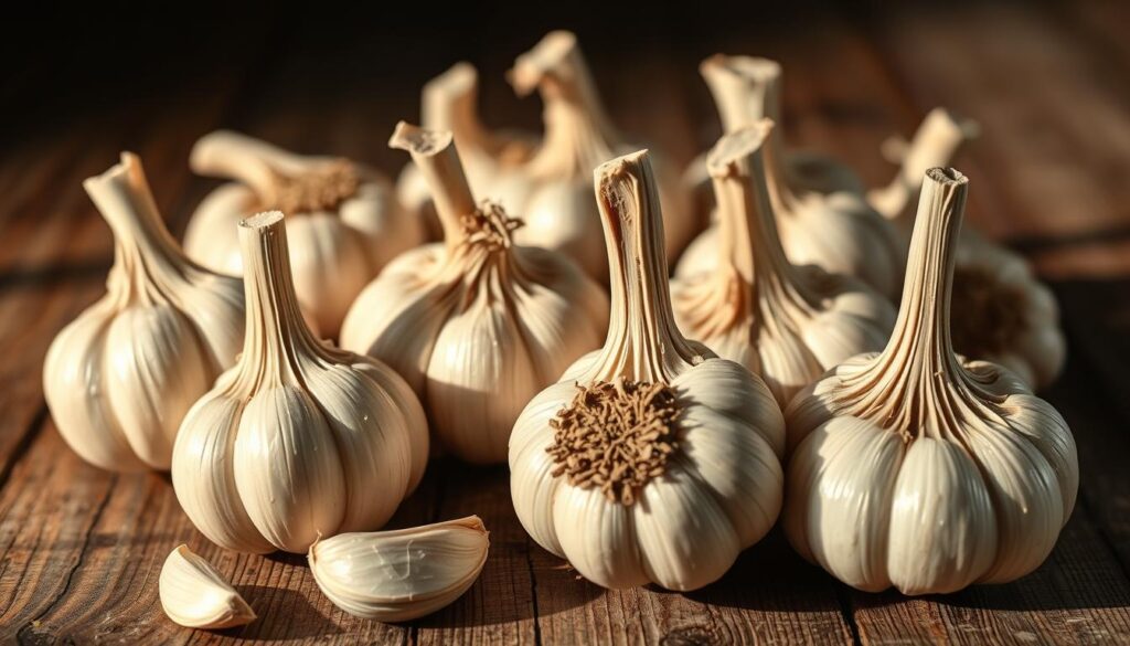 A close-up, high-resolution photograph of freshly harvested garlic bulbs, arranged on a rustic wooden surface. The garlic is presented in a visually appealing, symmetrical pattern, with the individual cloves and their papery, off-white skins clearly visible. Soft, warm lighting from the side casts gentle shadows, highlighting the bulbs' textural details and creating a cozy, inviting atmosphere. The background is slightly blurred, allowing the garlic to be the focal point of the image. The overall composition conveys the aromatic essence and culinary versatility of this flavorful ingredient, perfectly suited to complement the comforting dish of mashed potatoes.
