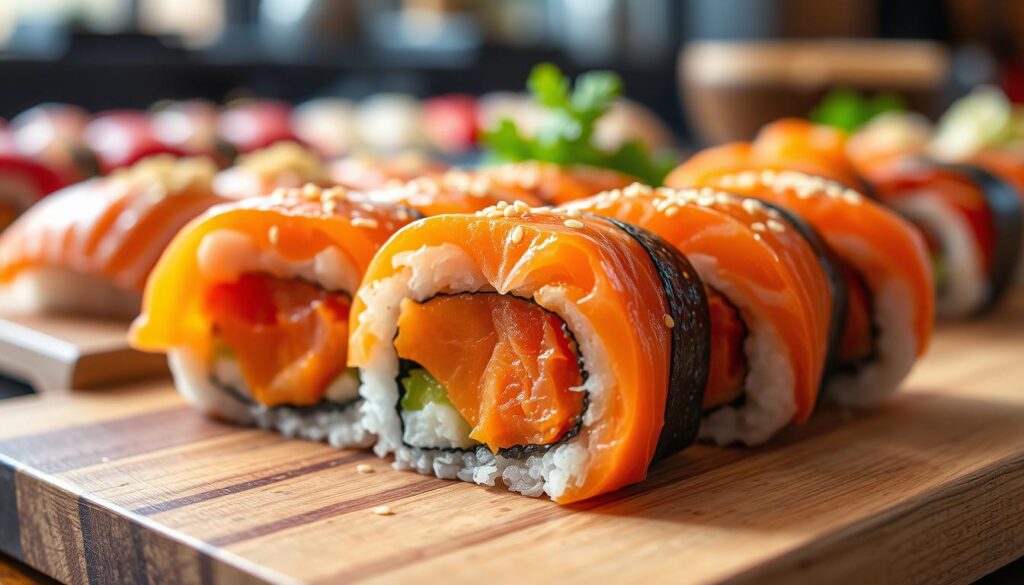 A close-up of a freshly prepared cooked salmon sushi roll, nestled on a wooden cutting board. The salmon's vibrant orange flesh glistens under soft, natural lighting, with hints of sesame seeds and nori seaweed visible. The sushi is arranged artfully, showcasing its delicate layers and tight, uniform roll. In the background, a blurred array of other sushi dishes suggests a high-end Japanese restaurant setting. The overall scene conveys the health benefits of this protein-rich, omega-3 packed culinary delight.