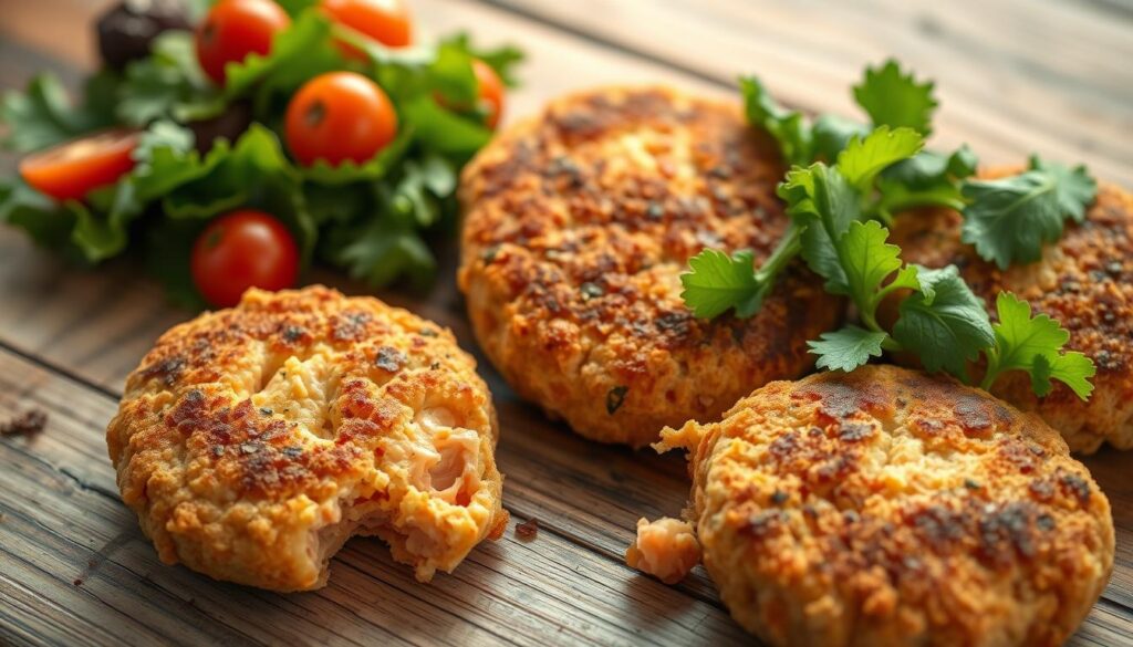 A close-up view of freshly made, golden-brown salmon cakes on a rustic wooden table. The cakes are lightly breaded and crispy on the outside, revealing tender flakes of canned salmon within. A vibrant, green salad with mixed greens and cherry tomatoes is arranged beside the cakes, adding a splash of color. Warm, soft lighting casts a cozy glow, highlighting the delicate texture of the cakes. The scene evokes a sense of simple, homemade elegance, perfect for an "Introduction to Salmon Cakes" section.