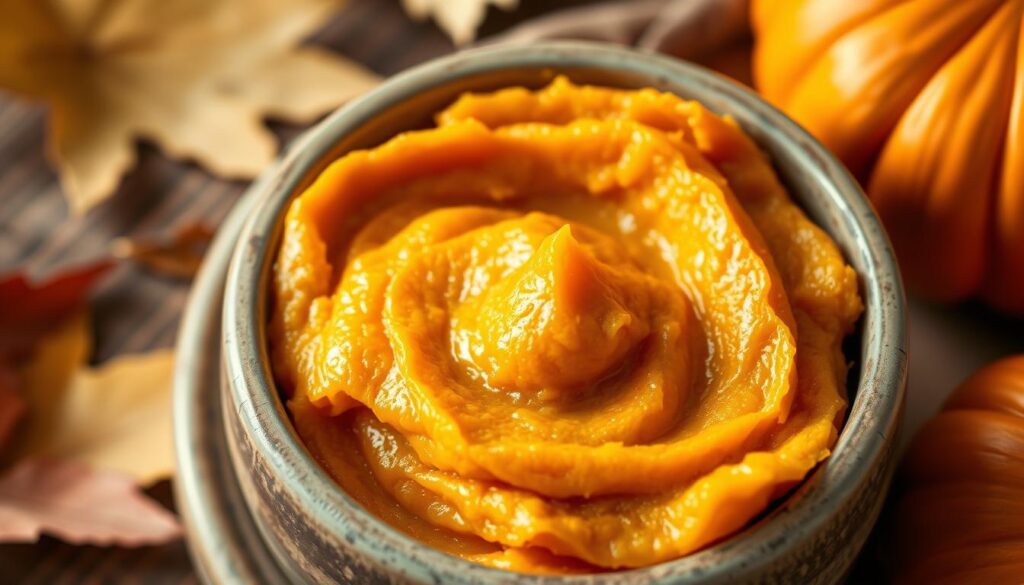 A close-up view of freshly made homemade pumpkin puree in a rustic ceramic bowl, set against a backdrop of fall leaves and wooden textures. The puree has a rich, velvety texture with a warm, vibrant orange color. Soft, natural lighting illuminates the scene, casting gentle shadows and highlighting the puree's creamy, smooth consistency. The overall composition conveys a sense of wholesome, homemade goodness, perfect for a delicious pumpkin pie recipe.