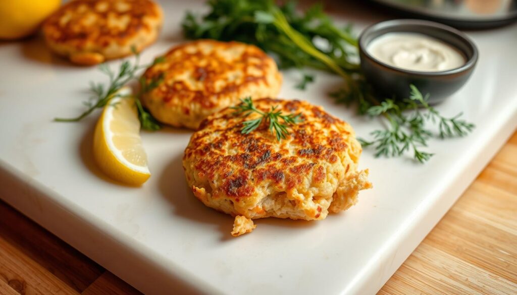A close-up view of homemade salmon patties resting on a clean, light-colored kitchen counter. The patties are golden-brown with a slightly crispy exterior, revealing flaky, moist salmon interior. Fresh dill, lemon wedges, and a small bowl of creamy dill sauce accent the composition, creating a vibrant, appetizing scene. Warm, directional lighting casts subtle shadows, emphasizing the texture and depth of the dish. The overall mood is one of simple, wholesome cooking, inviting the viewer to savor the flavors of this healthy, flavorful meal.